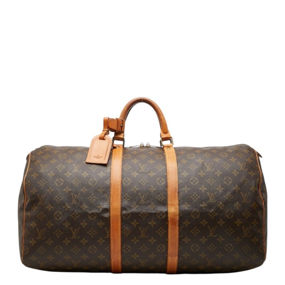 Louis Vuitton Monogram Keepall 55 Boston Bag Travel M41424 Brown Leather Wome...